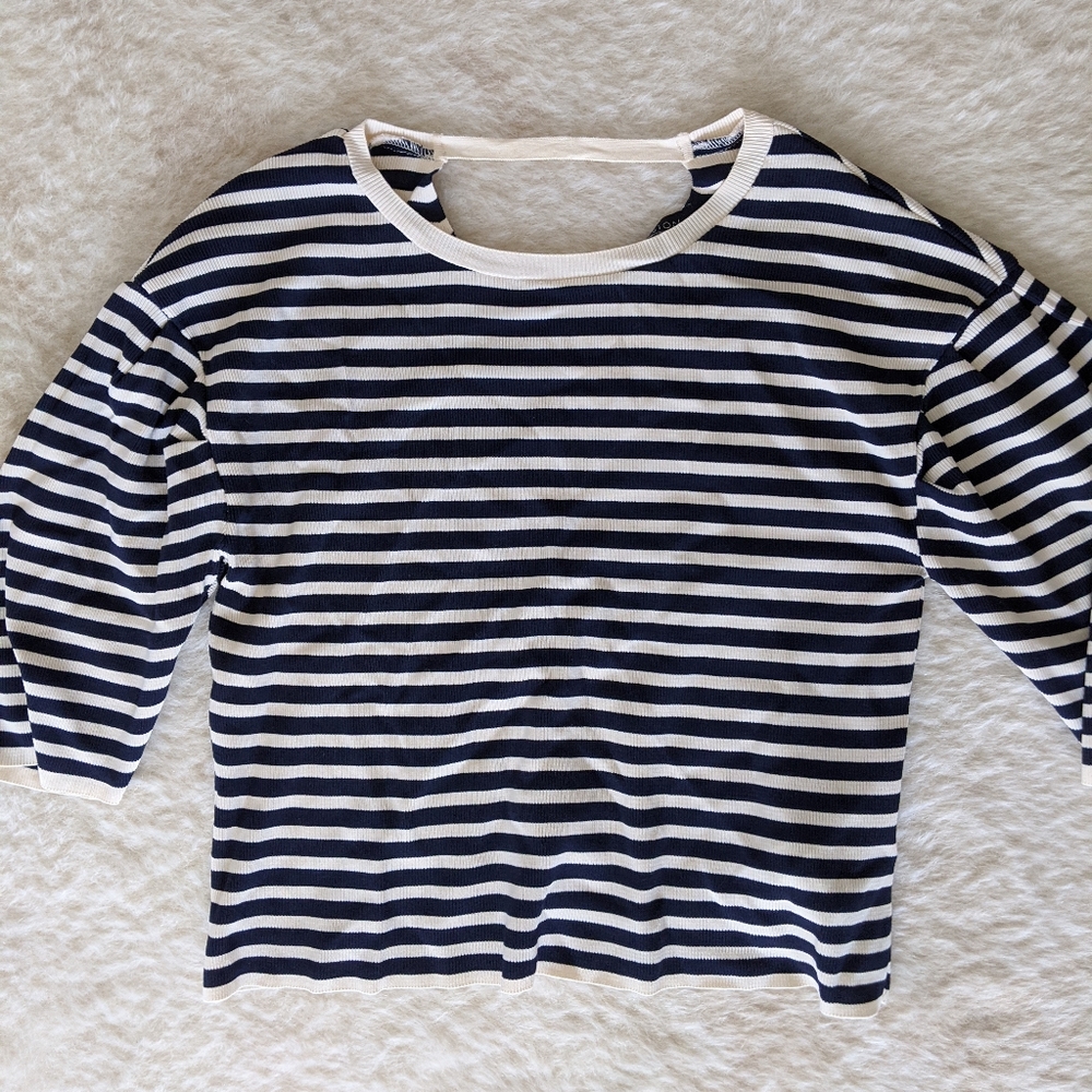 navy cream stripe knit top blouse sweater